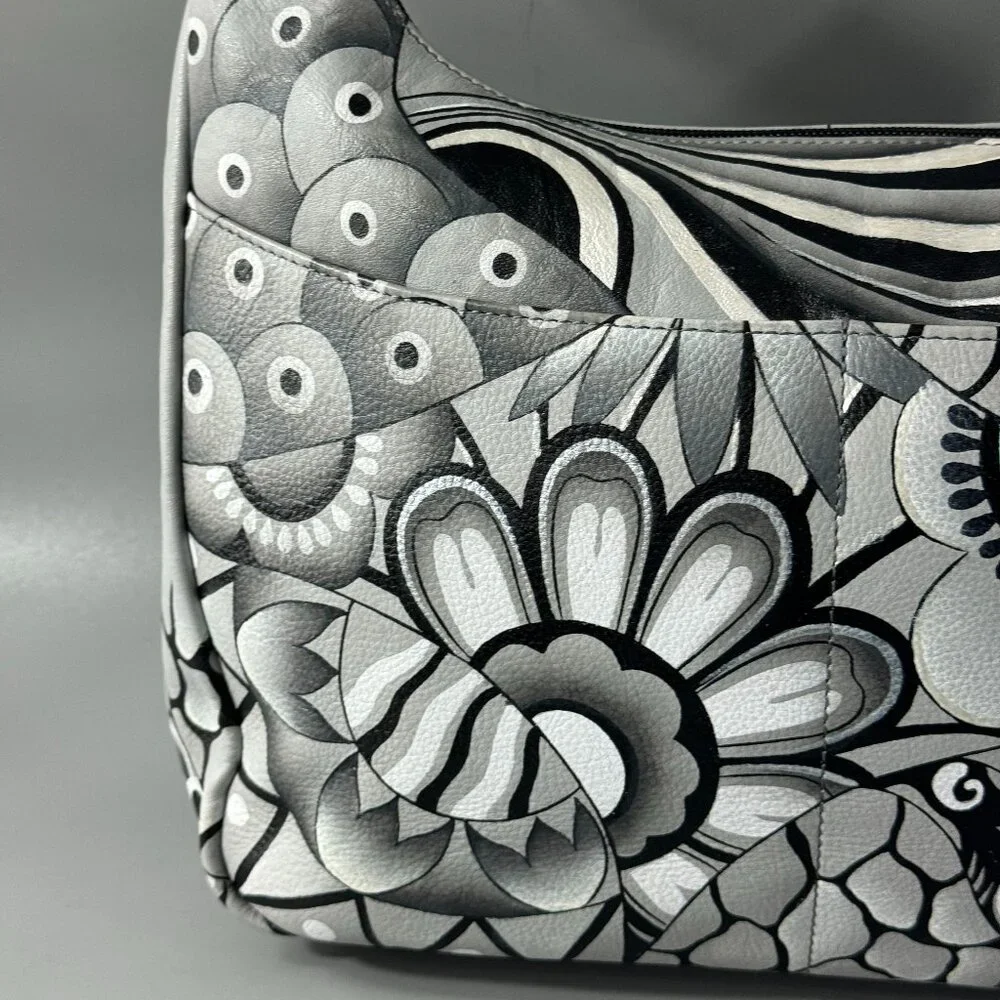 Anna by Anuschka Black/White Floral Leather Hobo Shoulder Bag - Picture 2 of 15